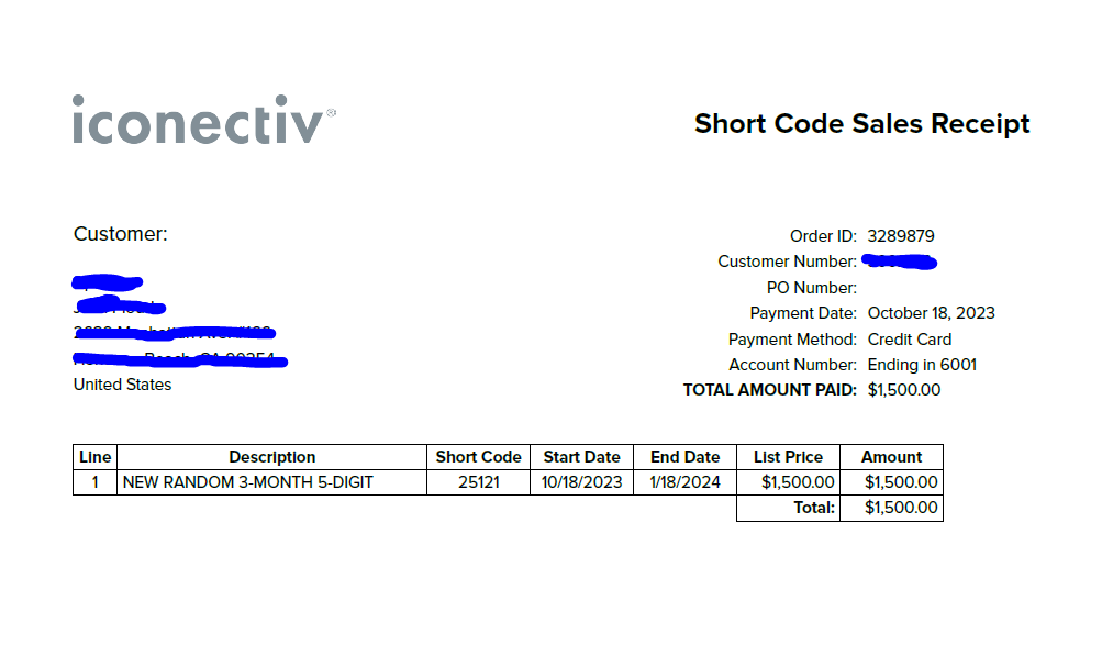 Example Short Code Lease Receipt