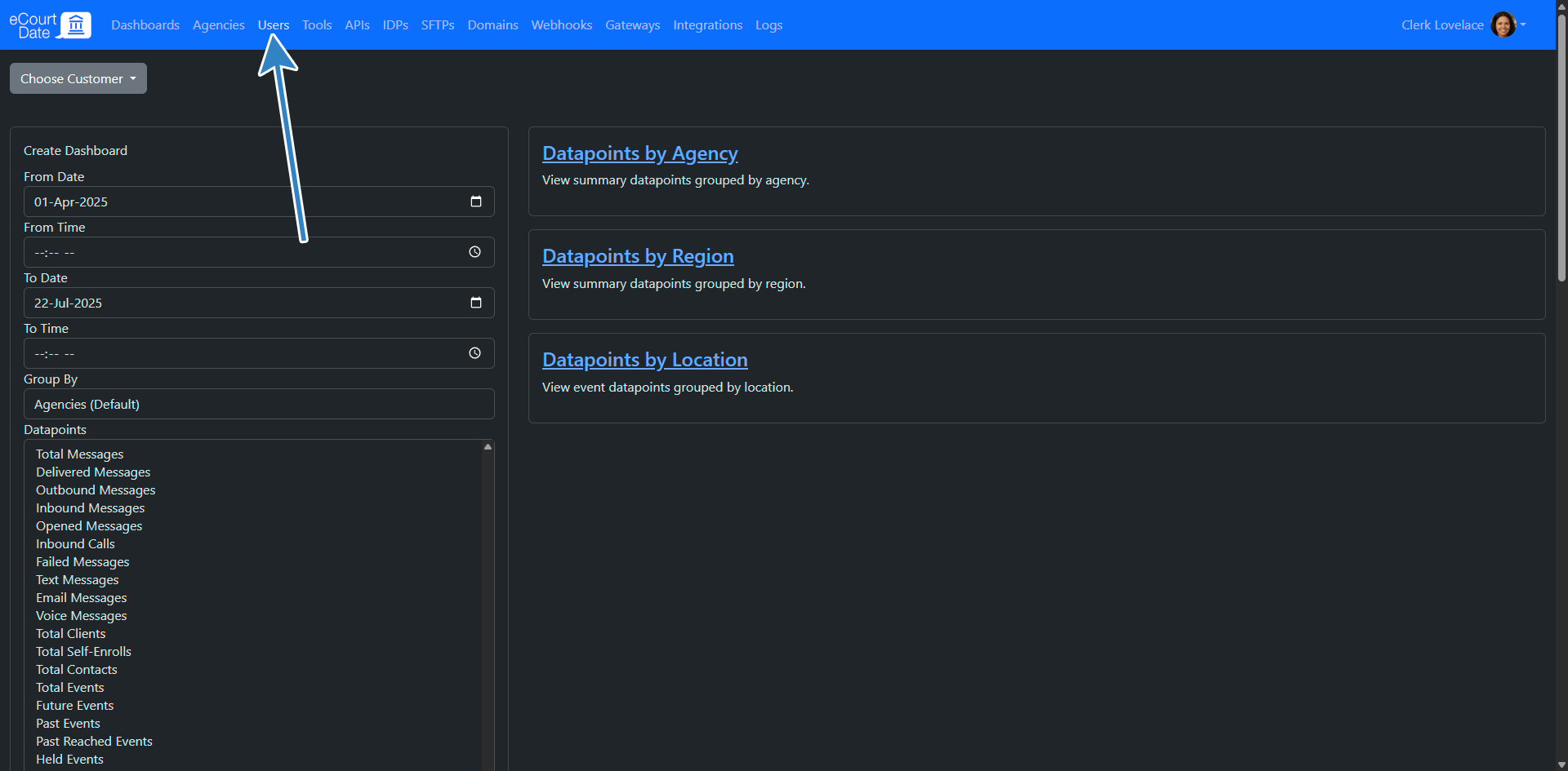 navigate to user in console