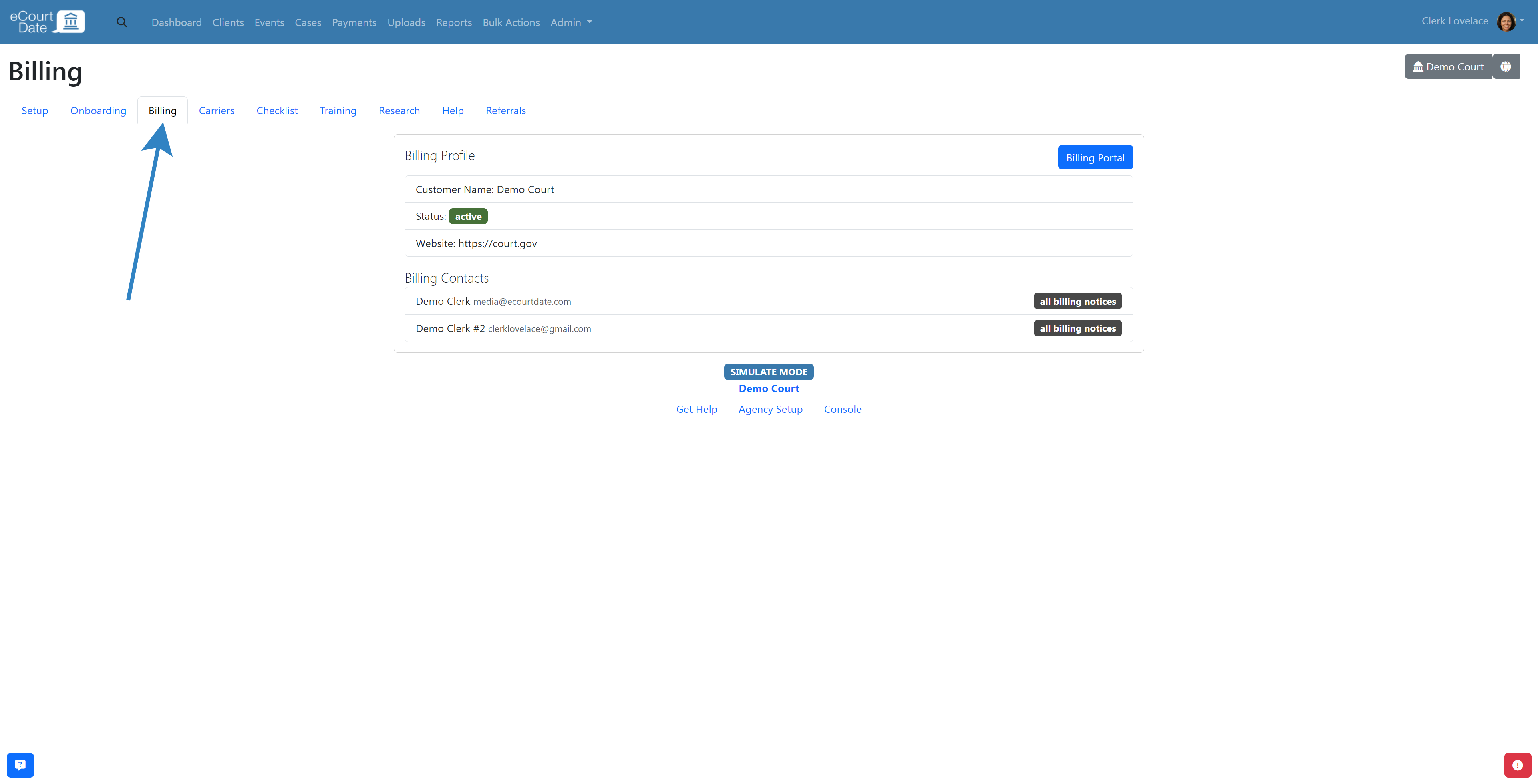 Click billing tab