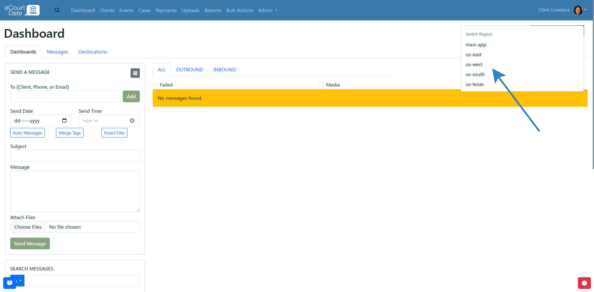 Show dropdown list of different regions. 