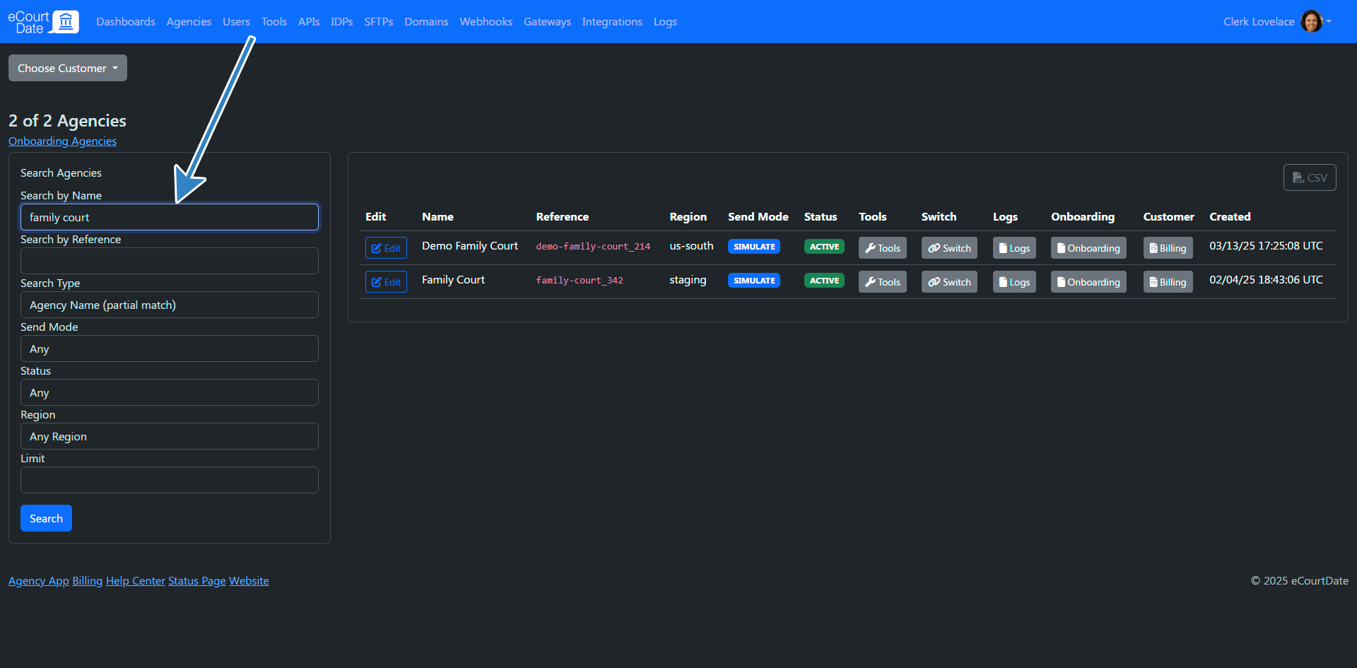 Search the Agency you want to switch