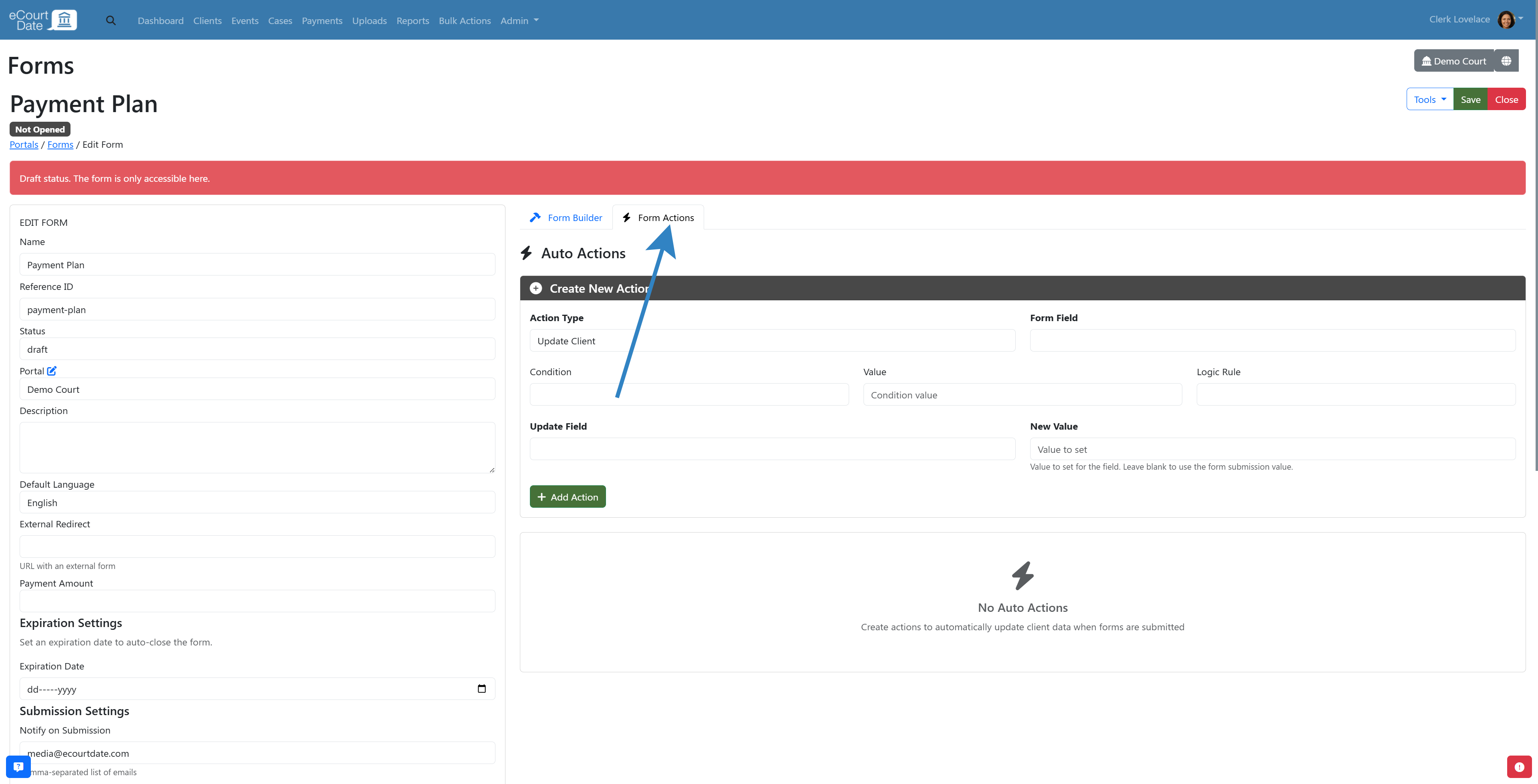 Form Action tab select any