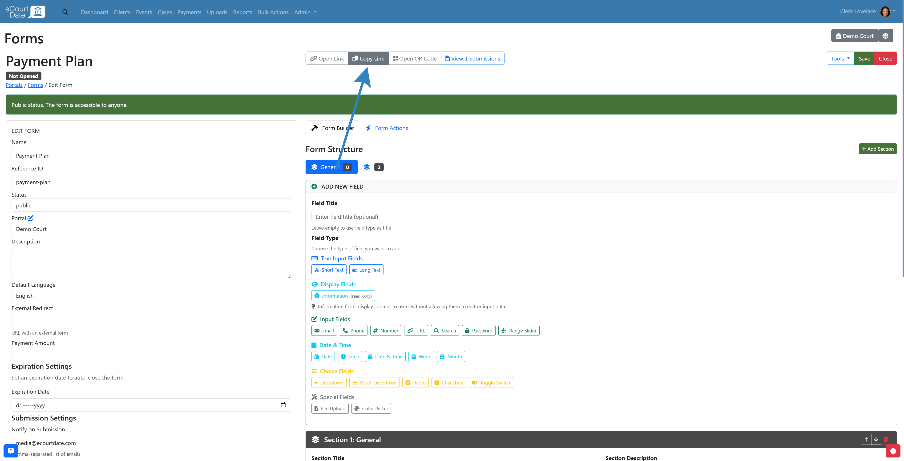 Copy link button and share form