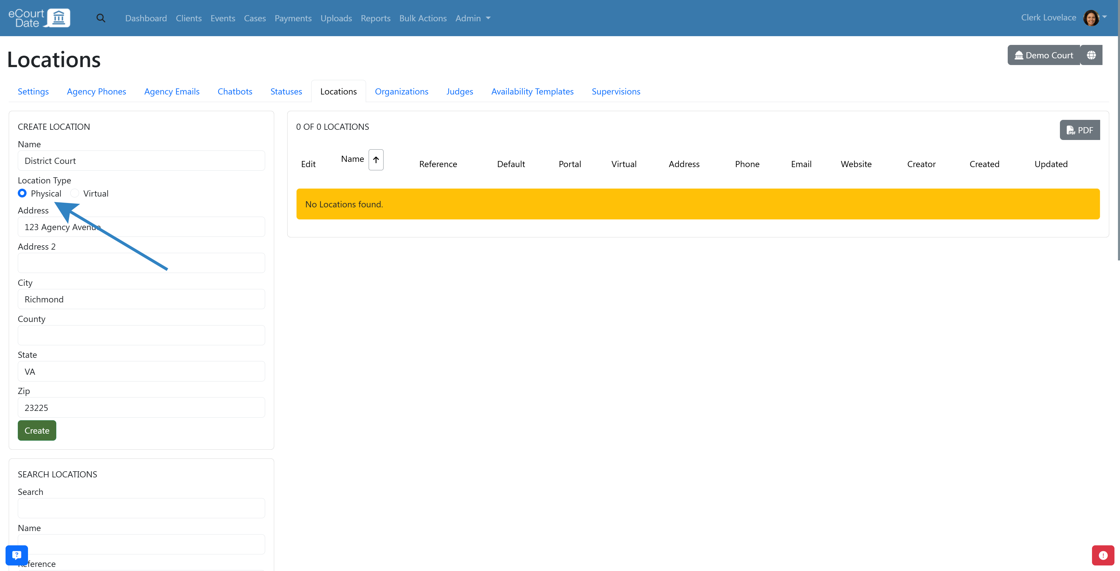 Fill Location form to add location
