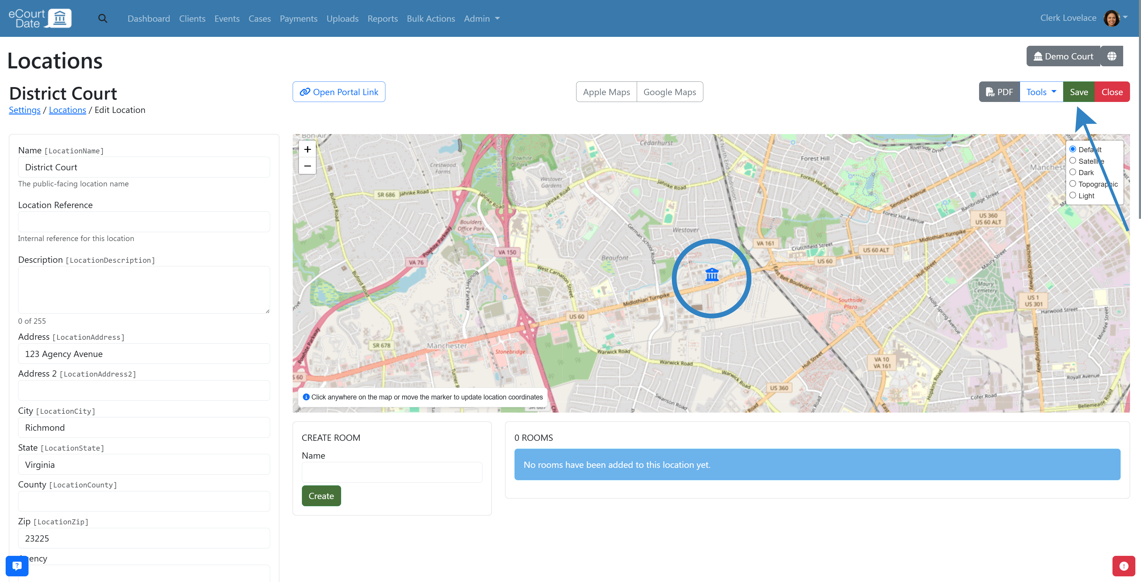 Location page after adding location
