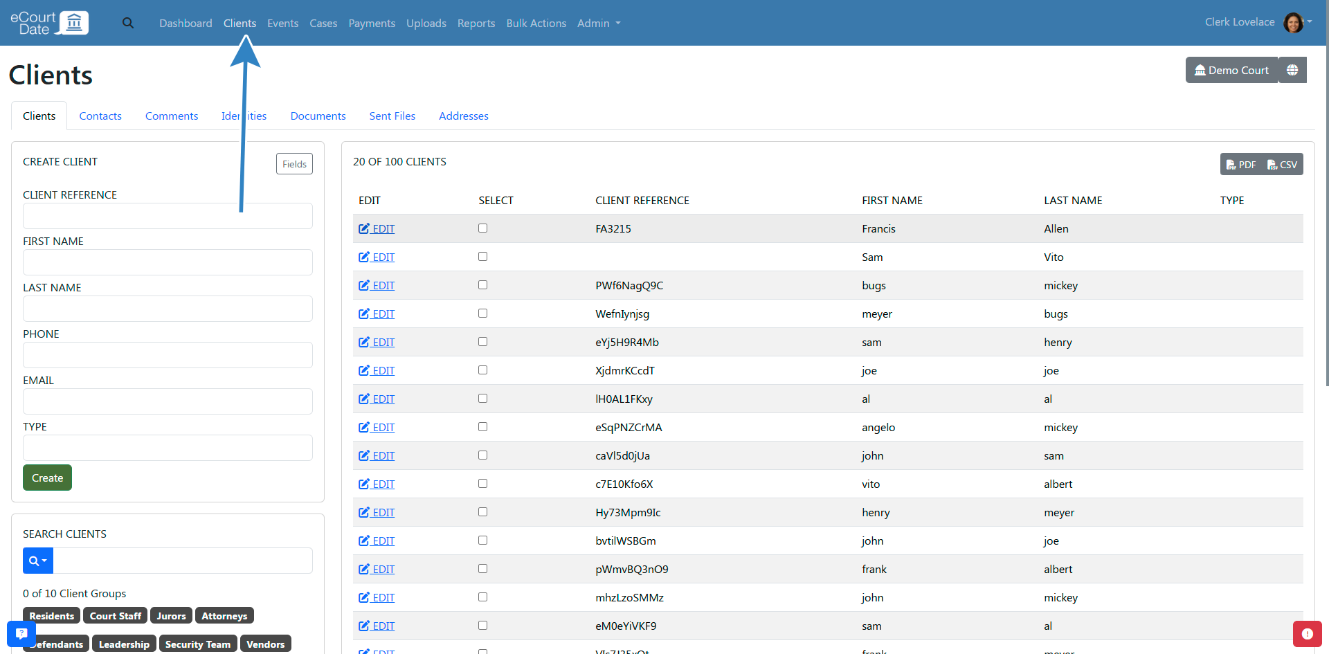Navigate to clients tab