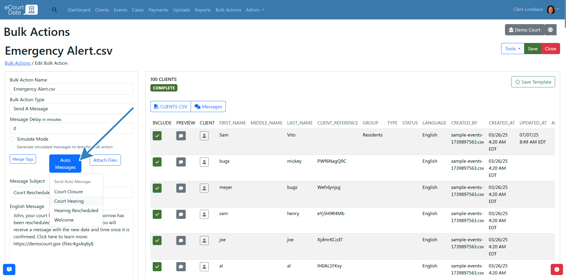 select message for bulk action