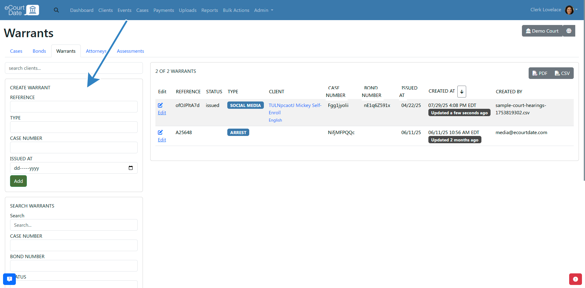 Fill in create warrant form