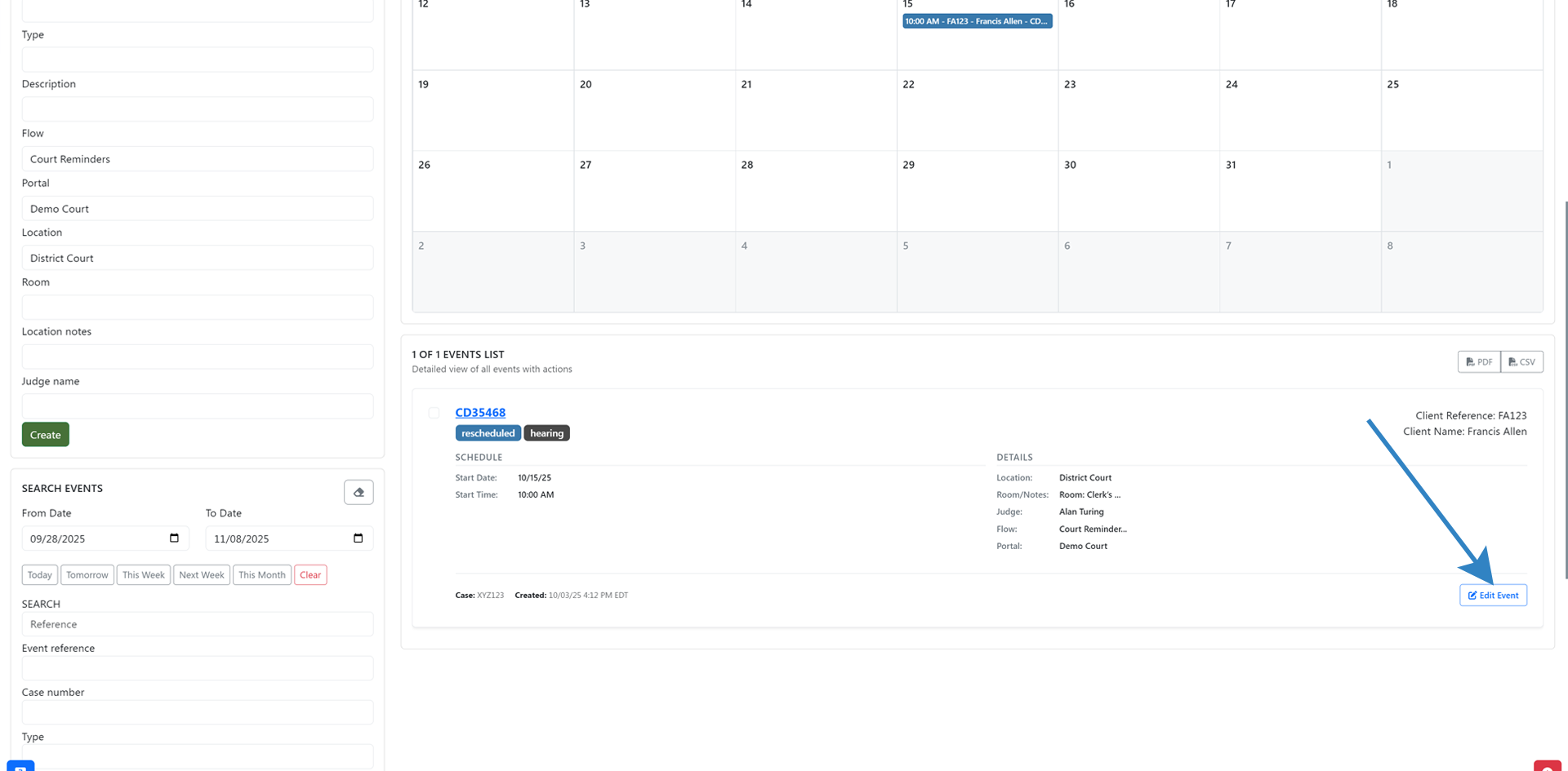 Click edit button to view event