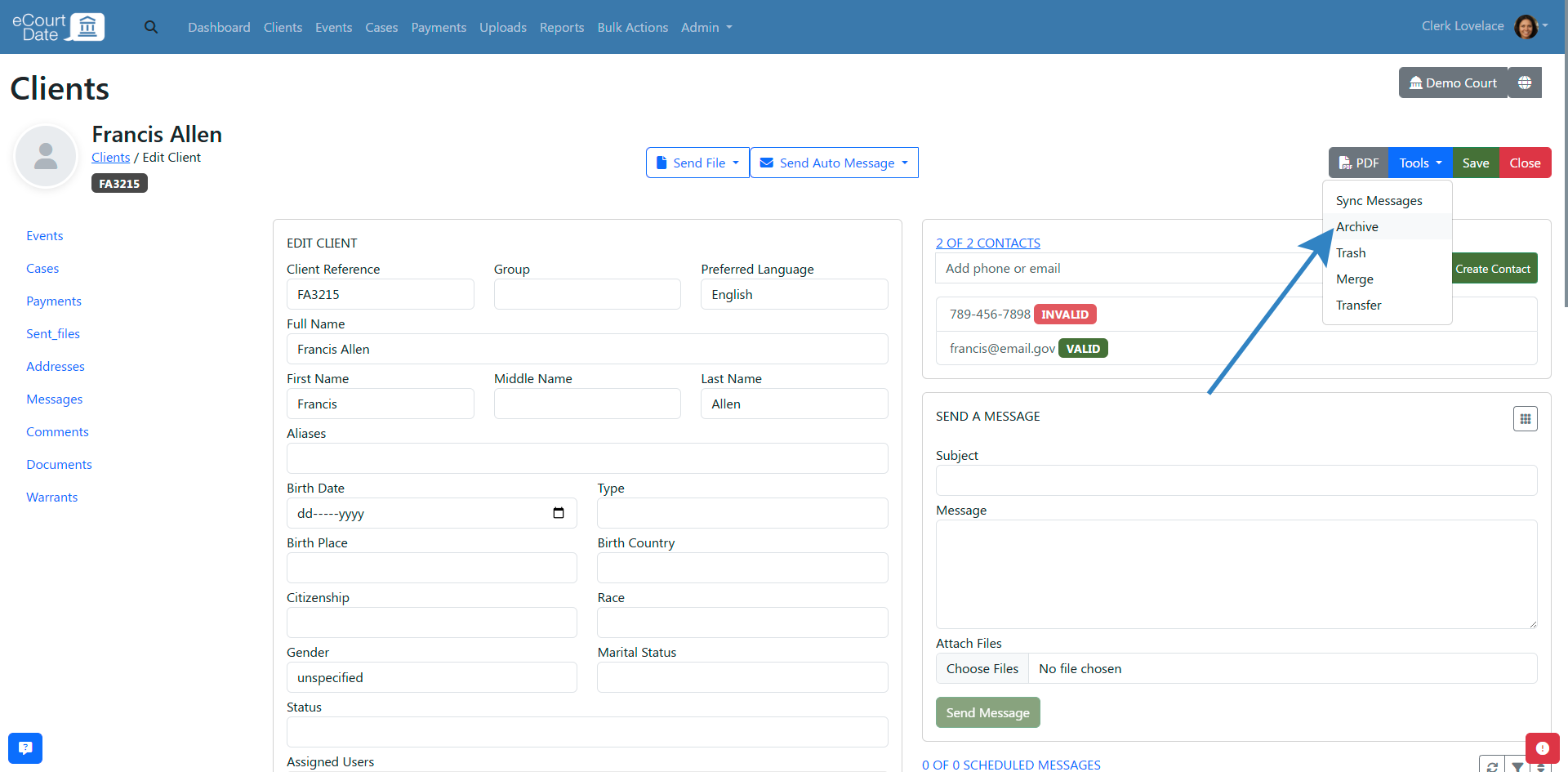 Click tools to archive a client