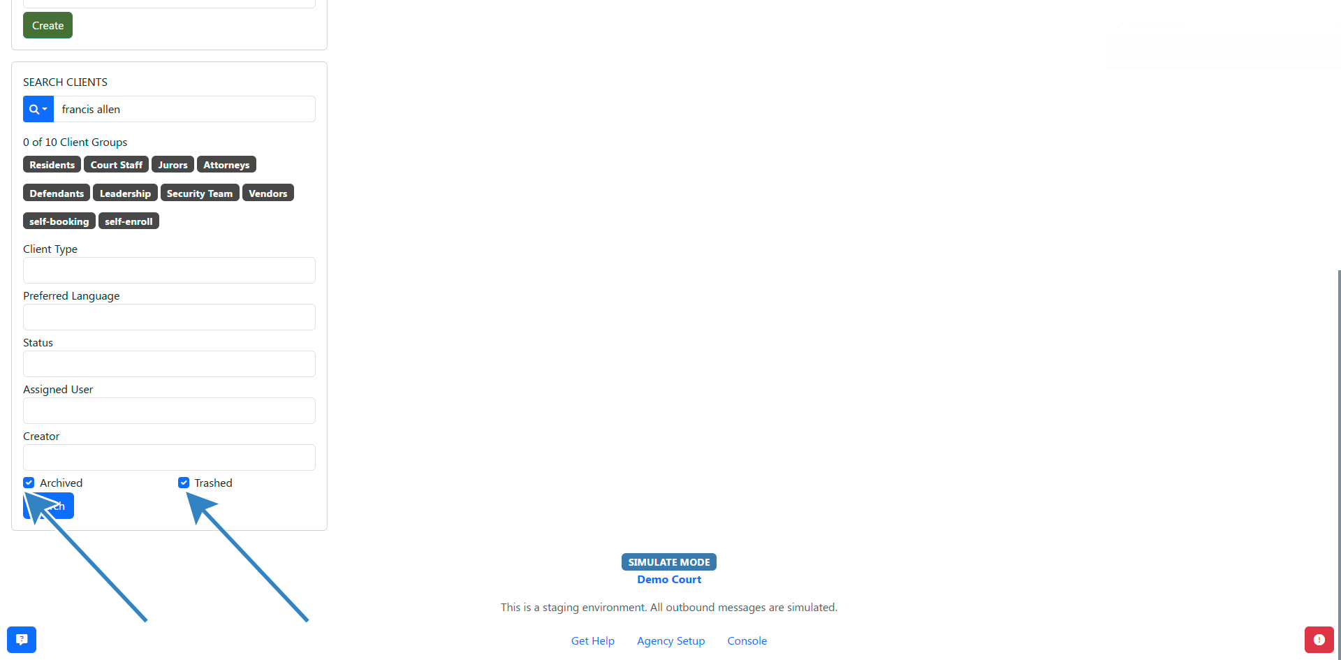 Search archived client