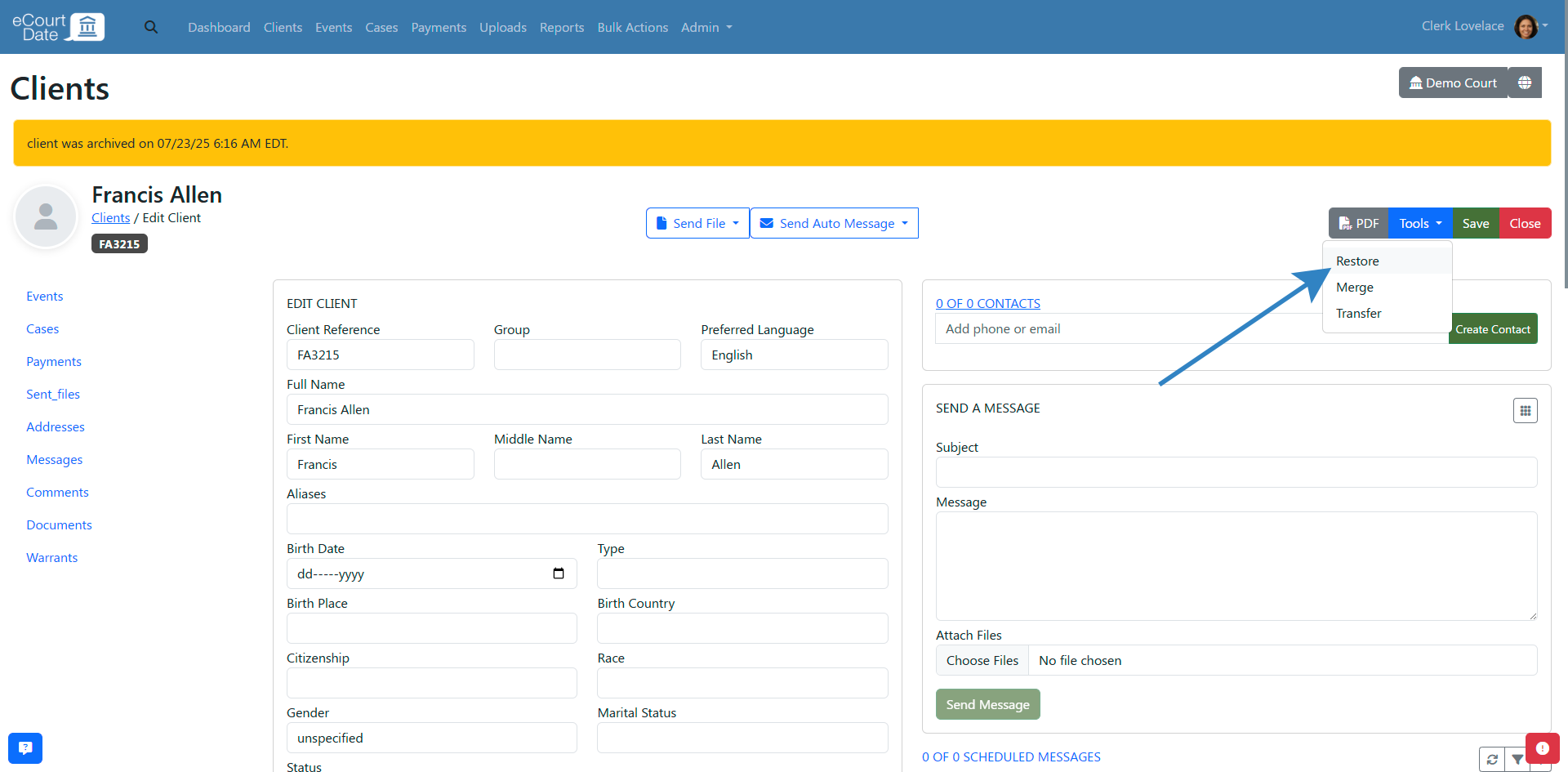 Click tools and than restore button