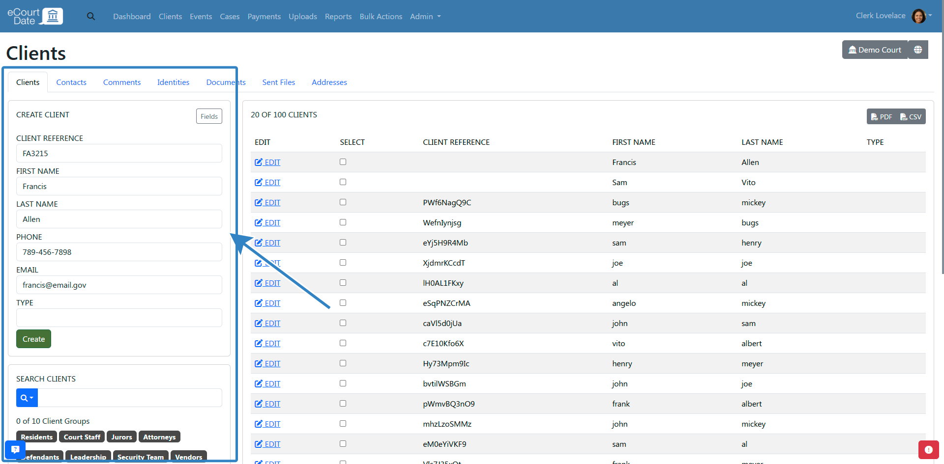 fill create client form