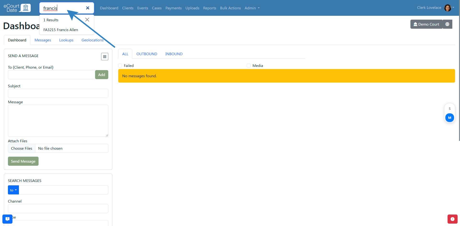 search client from top navigation