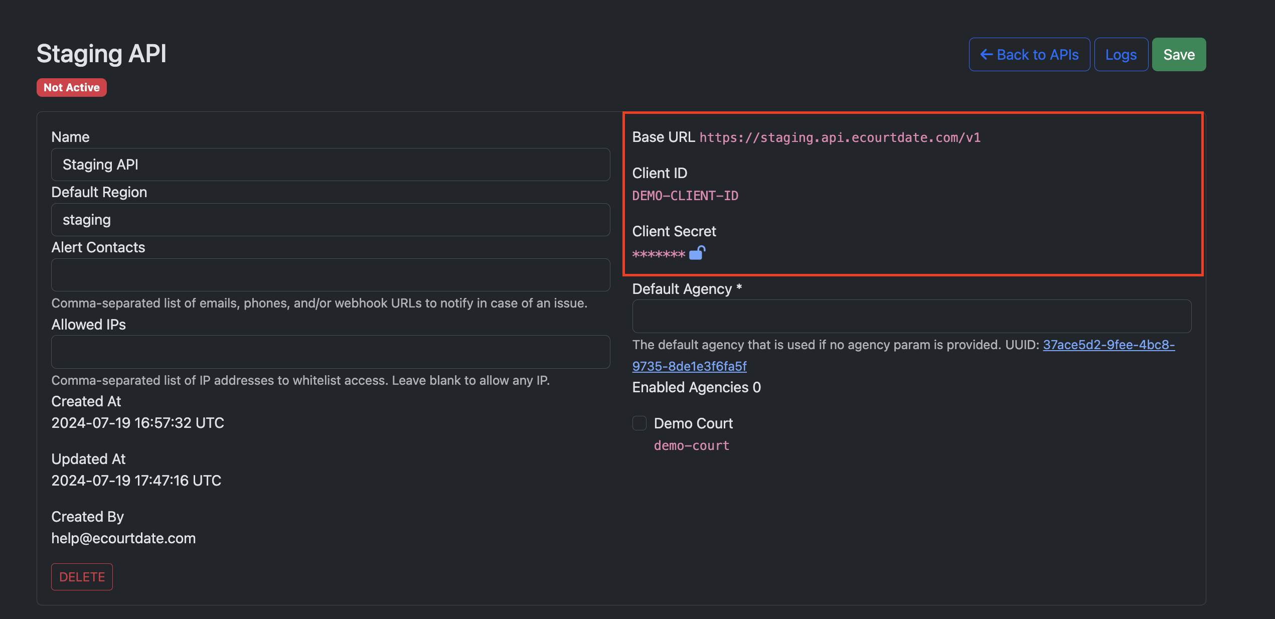 Demo Staging API Client Configuration