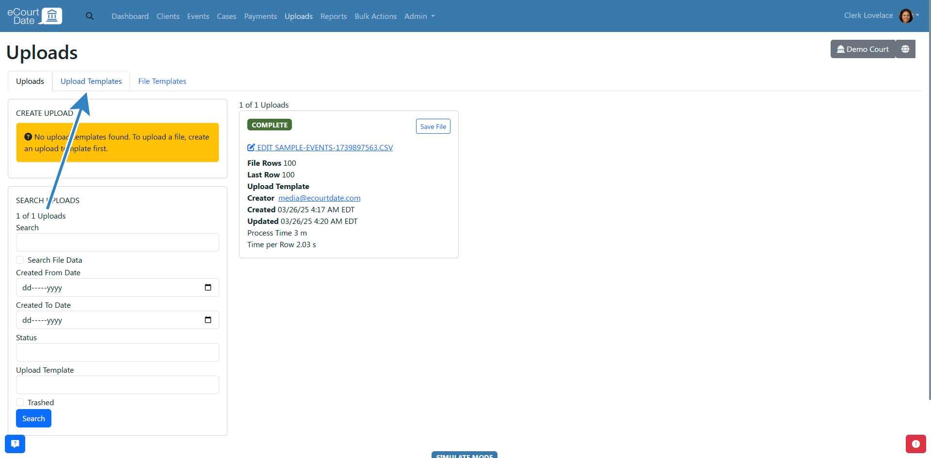 Upload templates tab