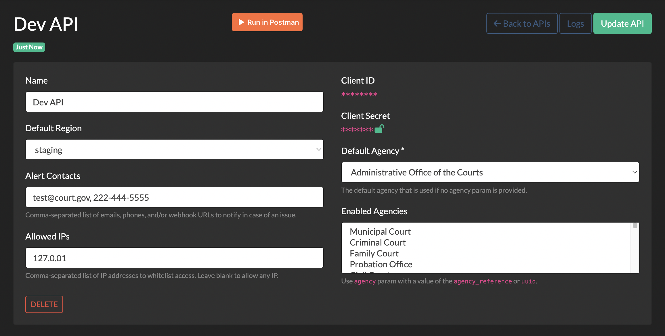 Sample API Client Configuration Screenshot