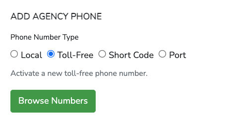 Create Agency Phone form for a toll-free number
