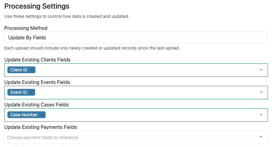 Upload Template Processing Settings