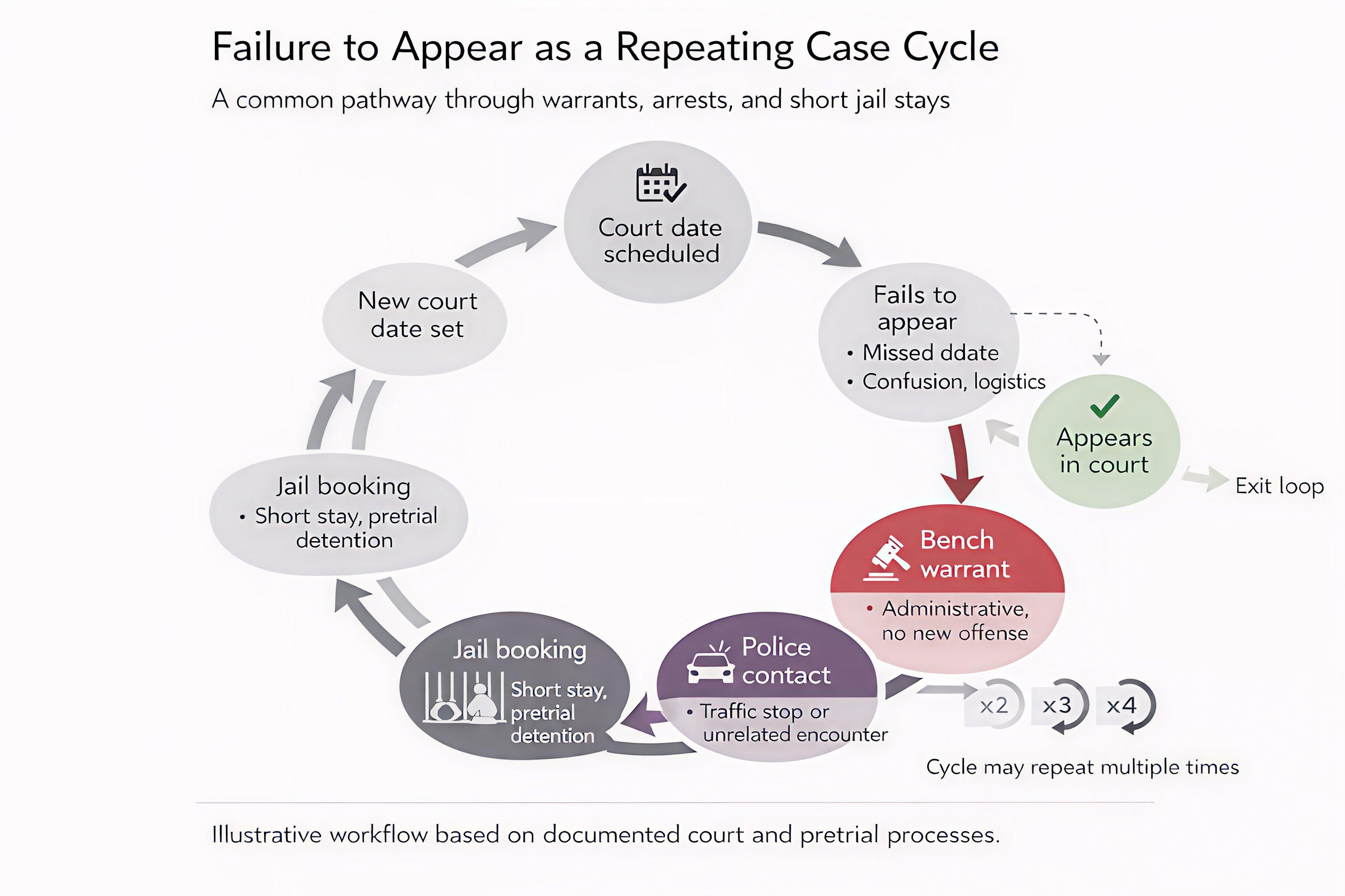 Flowchart diagram showing the failure-to-appear cycle. Starting with 'Court date scheduled,' the path splits: defendants who appear in court exit the loop, while those who fail to appear enter a repeating cycle. A missed court date triggers a bench warrant (administrative, no new offense), leading to police contact during a traffic stop or unrelated encounter, then jail booking with short pretrial detention, followed by a new court date being set, which returns to the start of the cycle. The diagram shows this cycle can repeat multiple times (&times;2, &times;3, &times;4), illustrating how individuals accumulate multiple warrants and jail stays from a single initial missed court date.