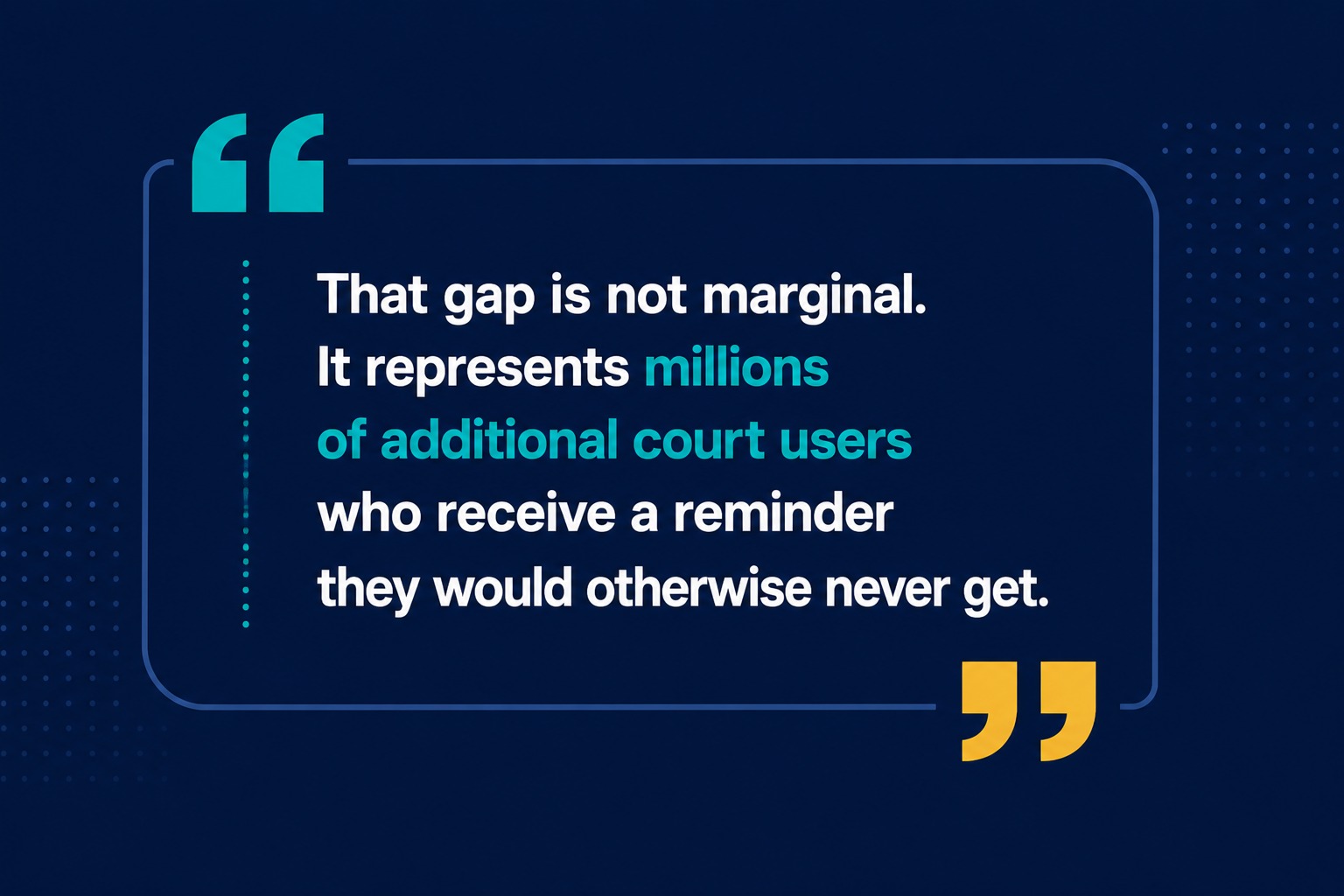 Graphic displaying the quote: &ldquo;That gap is not marginal. It represents millions of additional court users who receive a reminder they would otherwise never get.&rdquo;