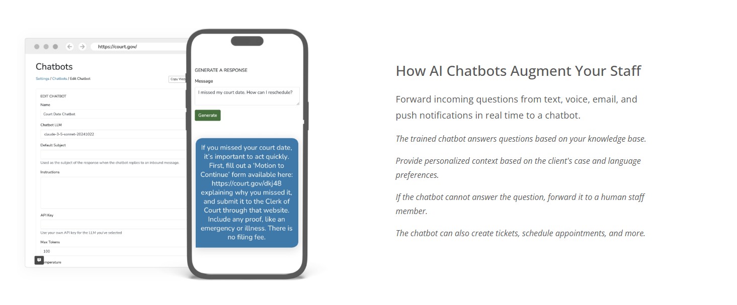 Screenshot from eCourtDate application of how to customize a chatbot