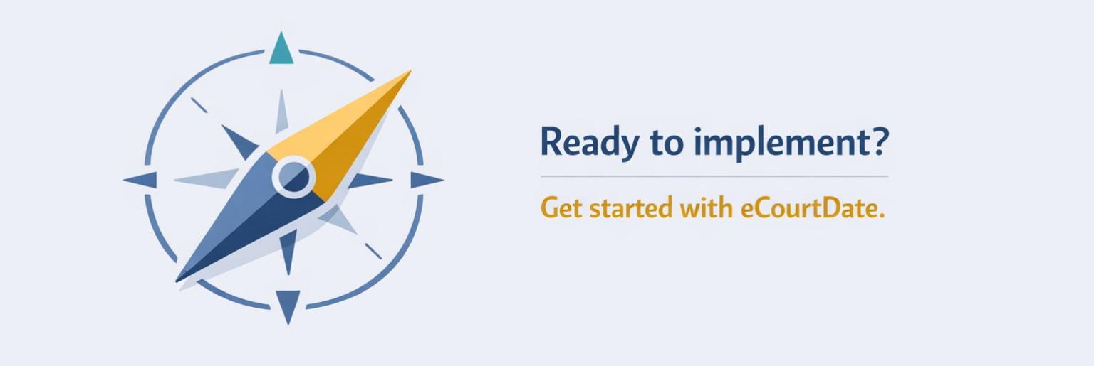A clean civic-tech call-to-action banner on a light gray-blue background features a geometric compass on the left, with a golden yellow needle pointing forward and teal plus slate blue directional accents. On the right, bold dark blue text reads &ldquo;Ready to implement?&rdquo; above golden yellow text that says &ldquo;Get started with eCourtDate.&rdquo; The centered layout and matching color palette visually align with the blog&rsquo;s bipartisan compass theme