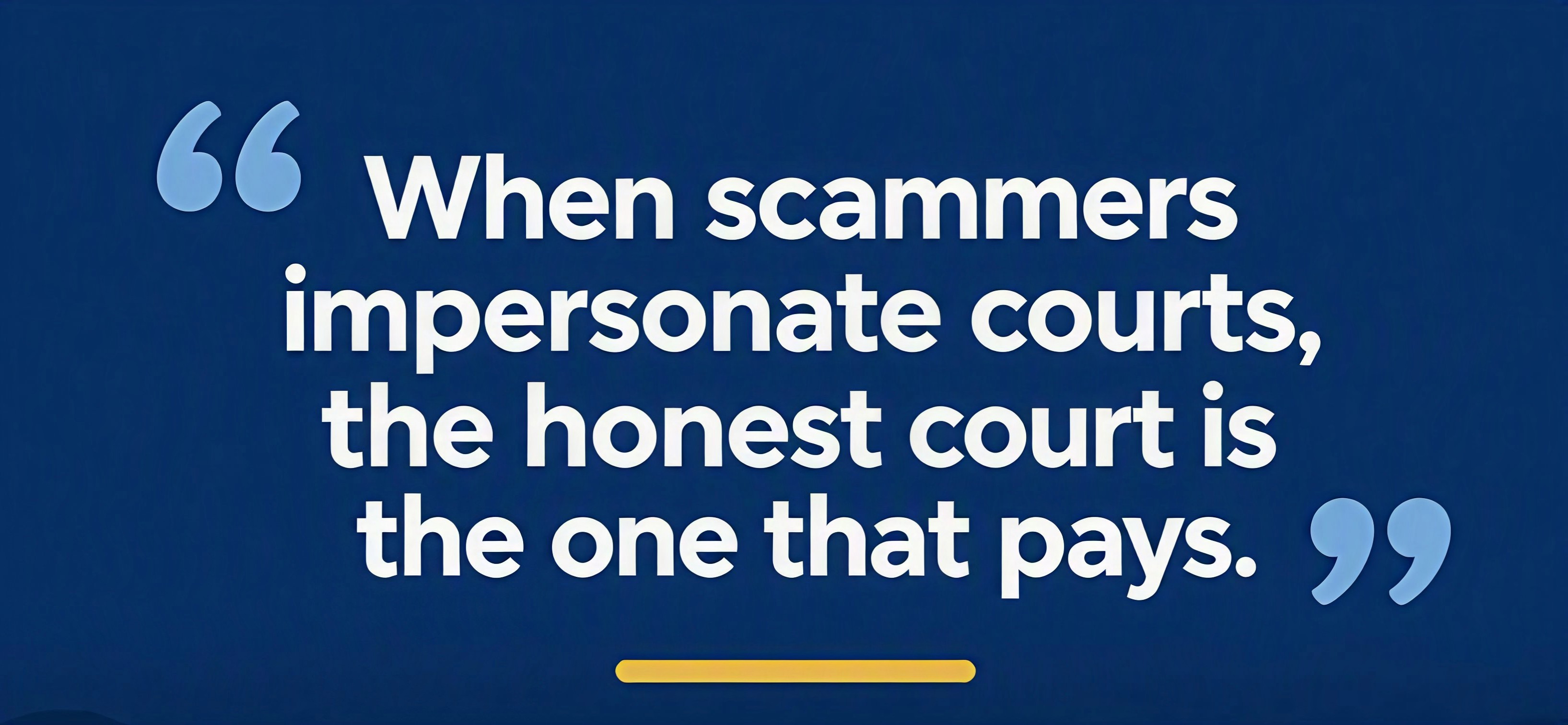 “When scammers impersonate courts, the honest court is the one that pays,” in white text on a dark navy background with blue quotation marks and a gold accent line.