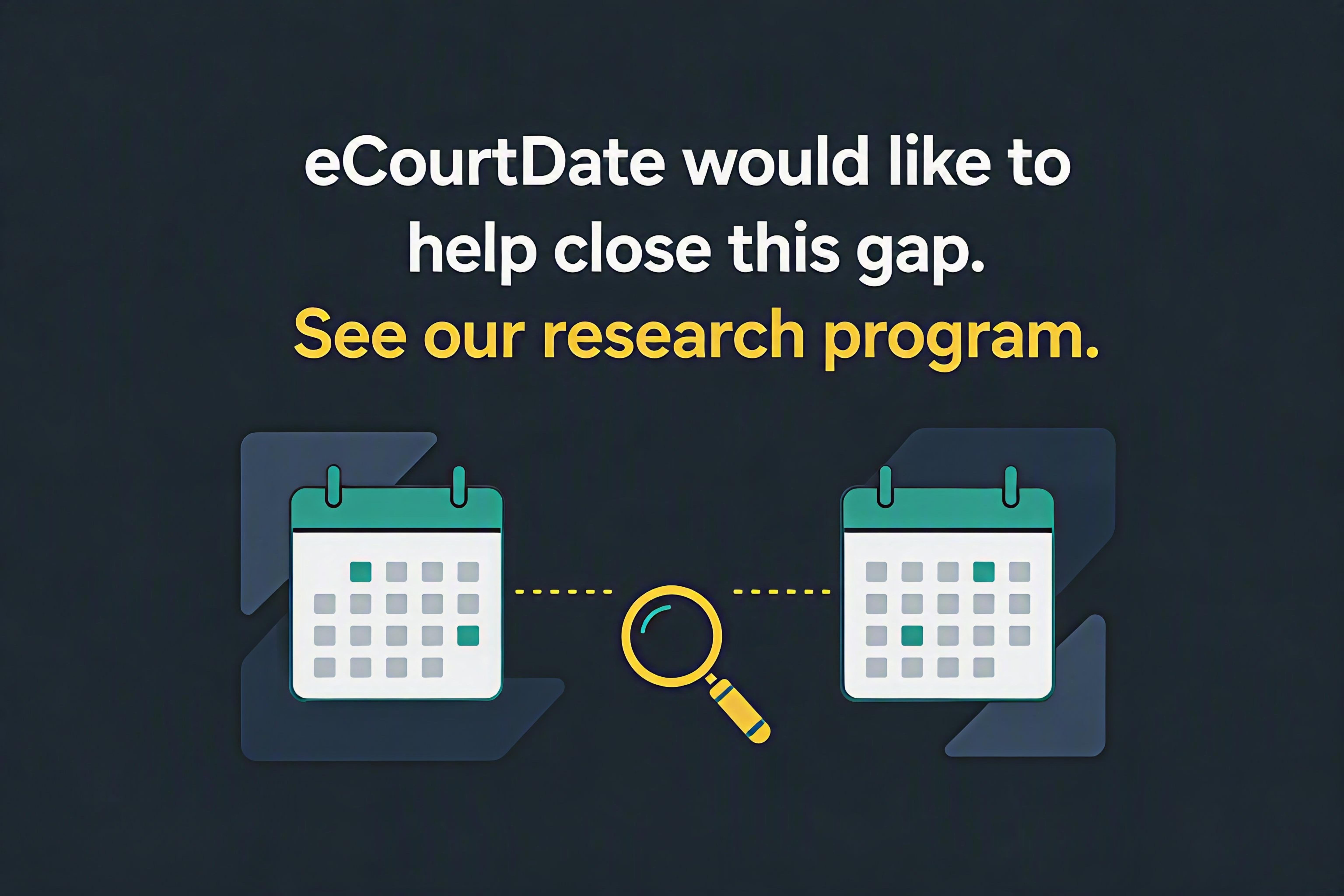 Call-to-action graphic on a dark charcoal background with teal and gold accents. Text reads: "eCourtDate would like to help close this gap. See our research program." Below the text, two calendar icons are separated by a gap while a gold magnifying glass and dotted line suggest an investigation in progress.