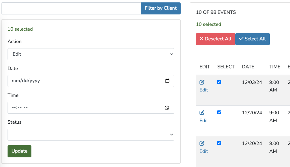 Example showing bulk update of selected events