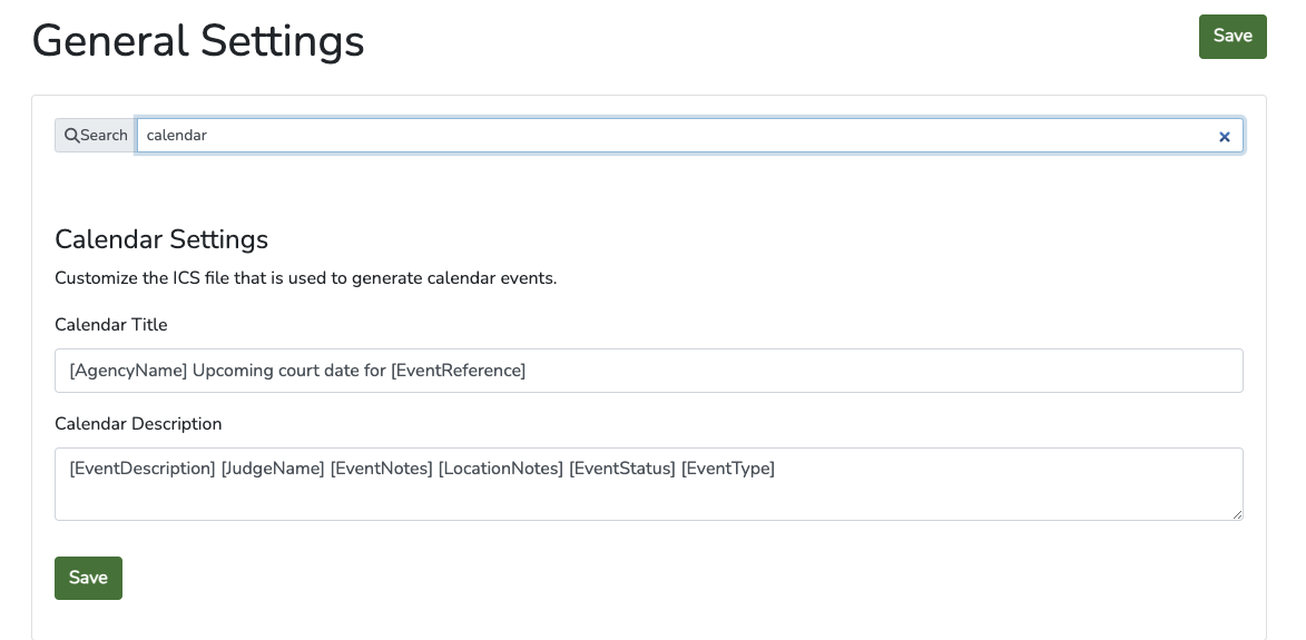 Calendar General Settings - Customize Title and Description