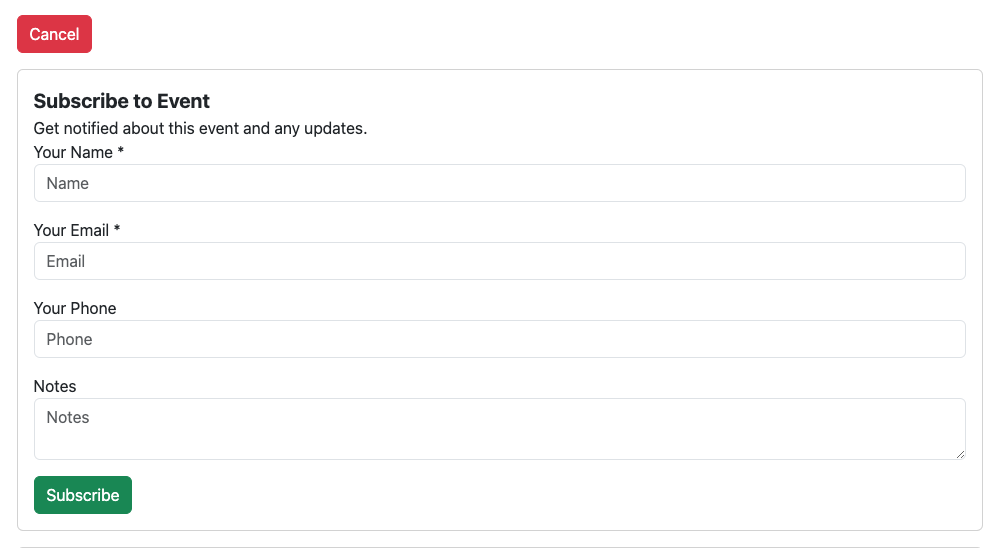 Example Subscribe form on the Event portal