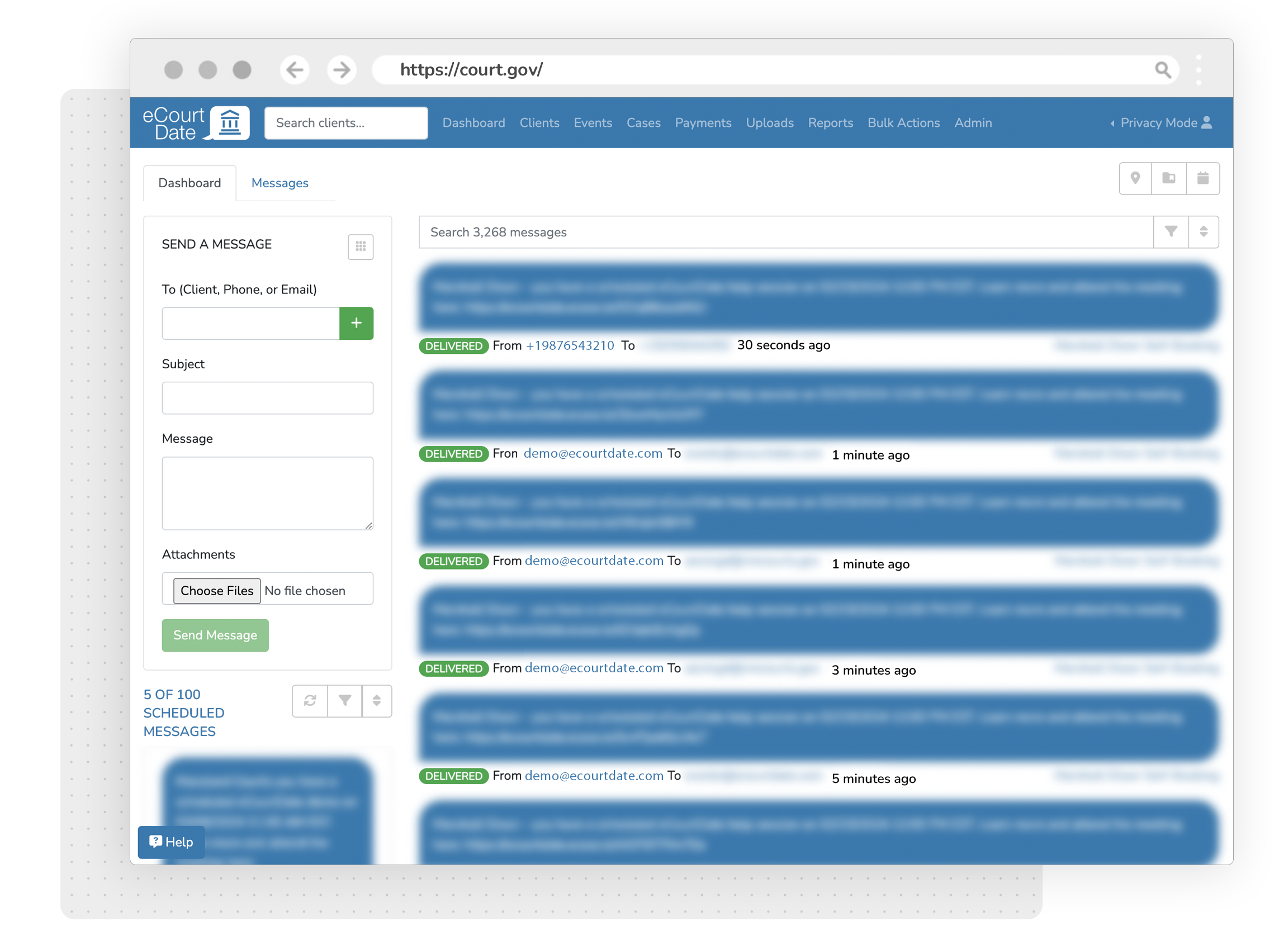 Privacy Mode in eCourtDate Dashboard