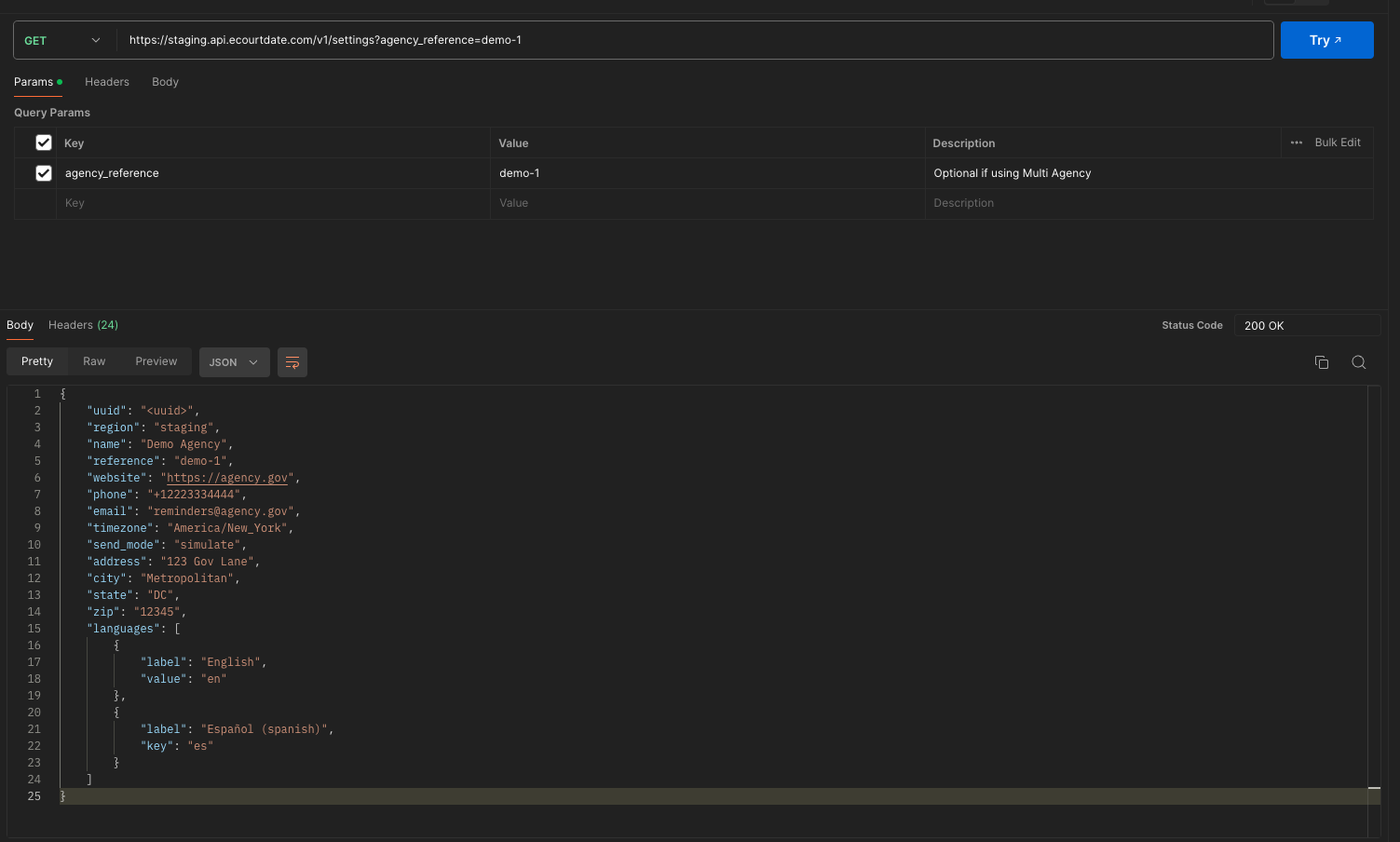 Postman Get Agency Settings Screenshot