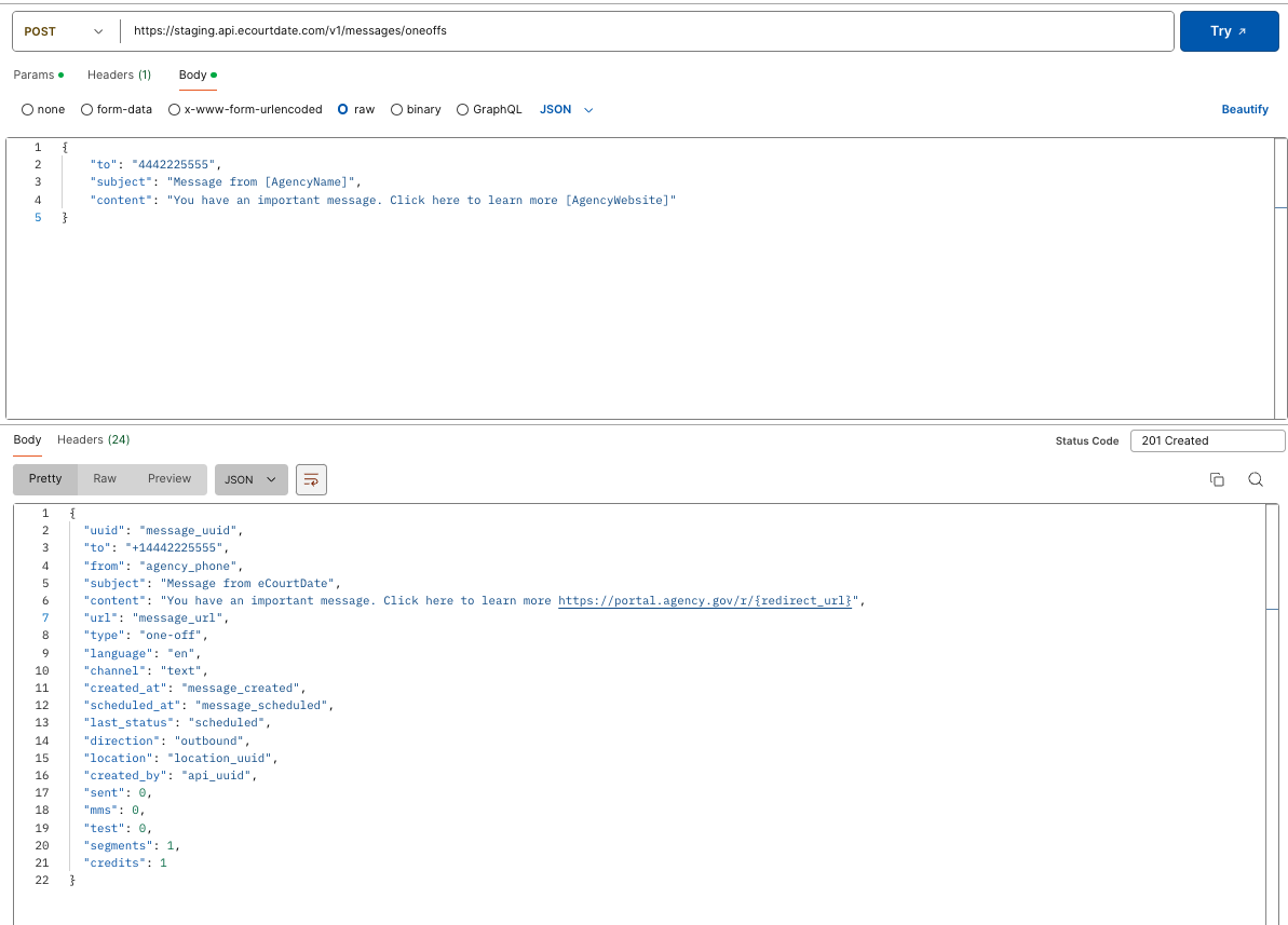 Postman Send One-off Message Screenshot