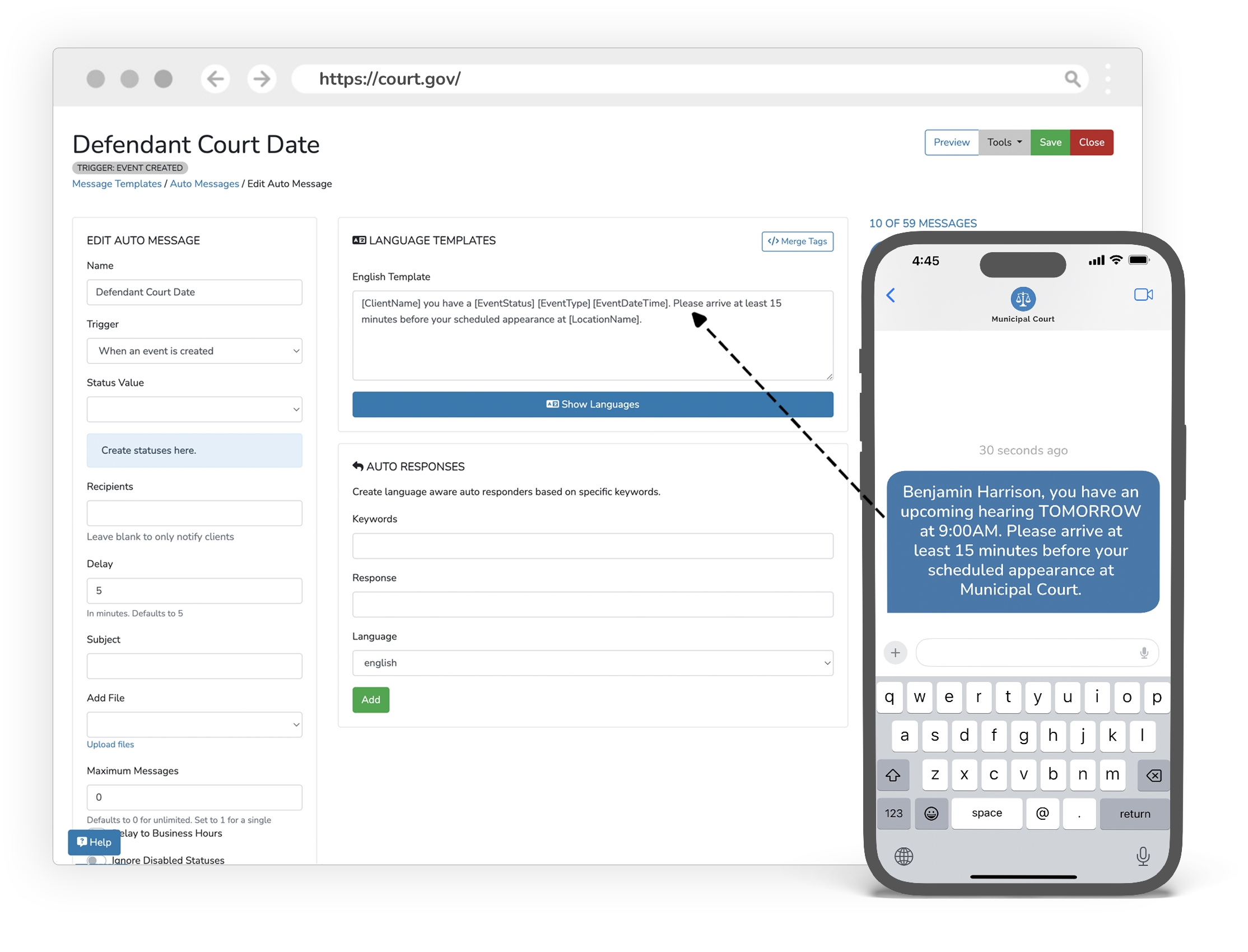 Court Date Auto Messages Example