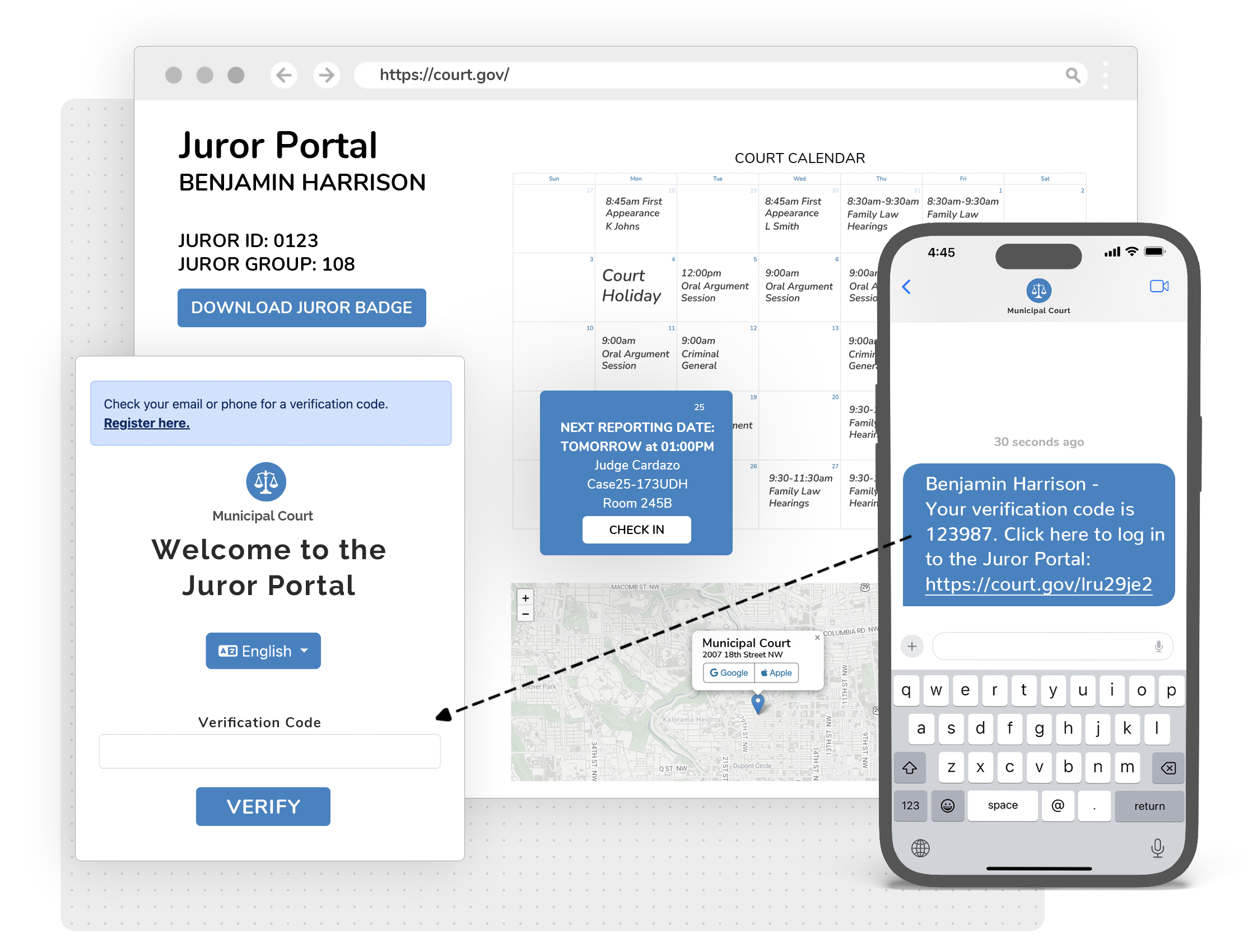 Secure juror portal with online and in-person check in