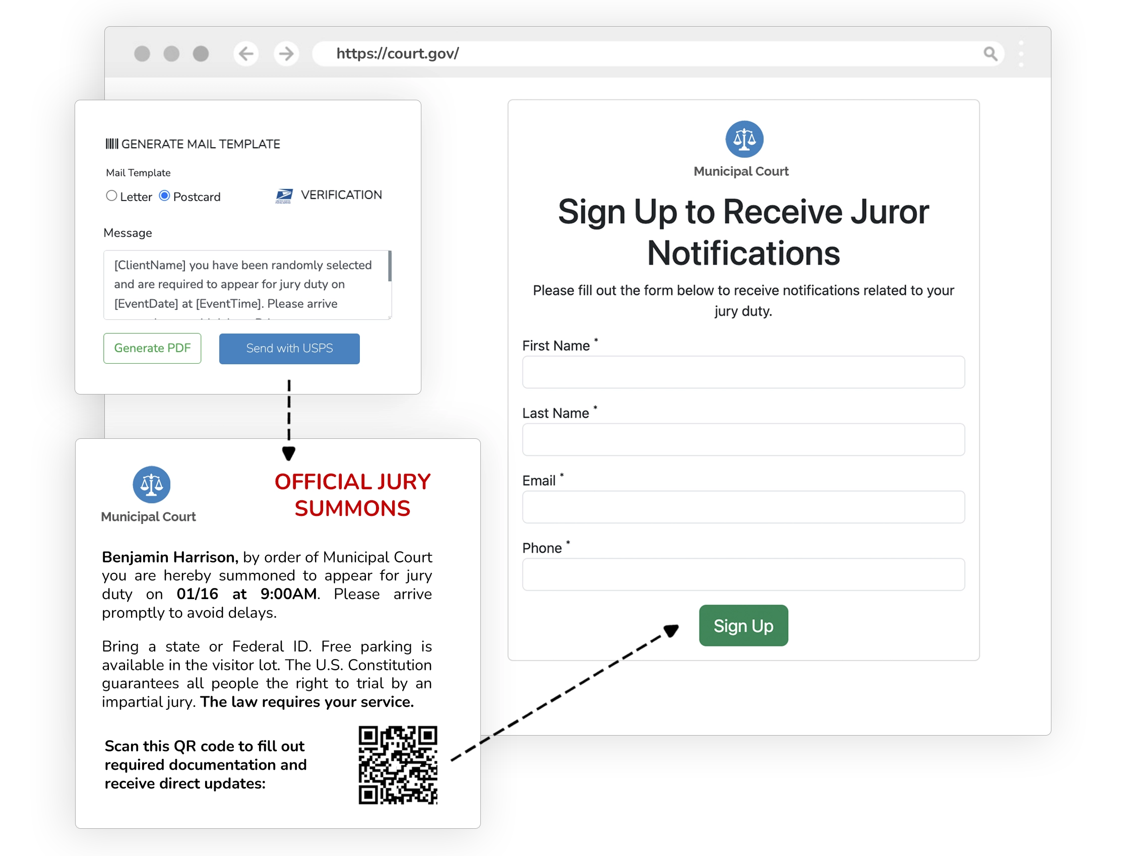 Example mail jury summons with self-enrollment for jurors