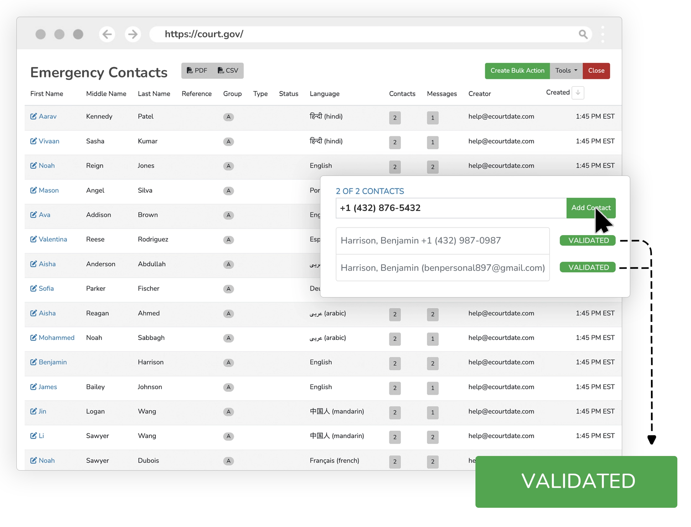 Upload emergency contact list and validate contacts