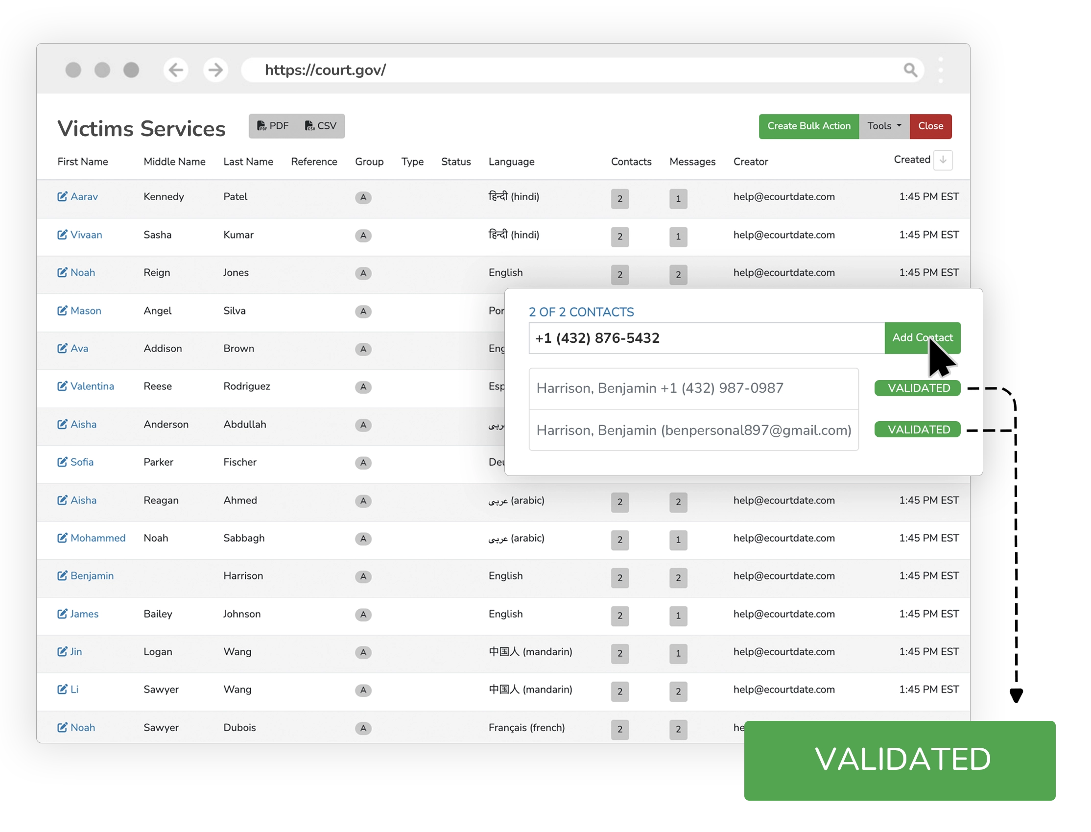 Upload victims list and validate contacts