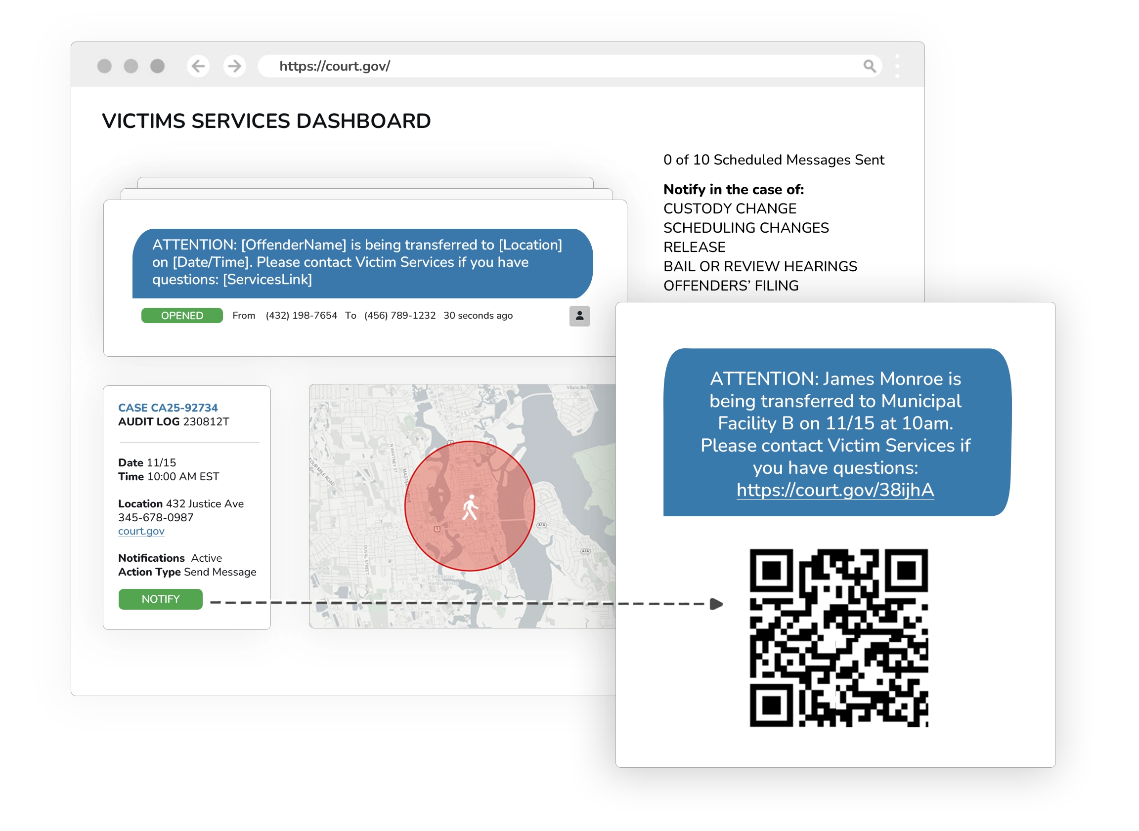 Victims Services Dashboard with Example Message