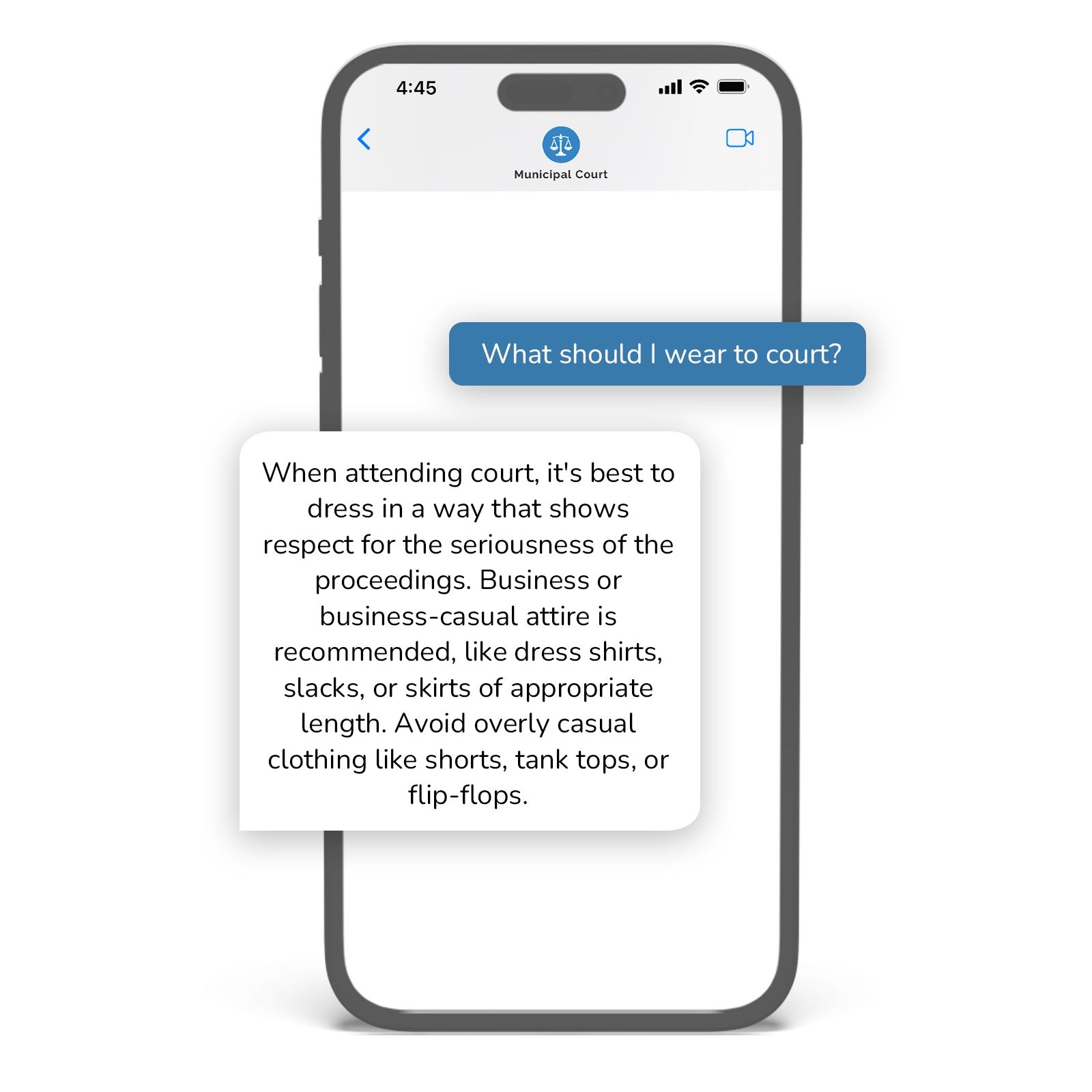 AI chatbot interface showing automated responses to court questions